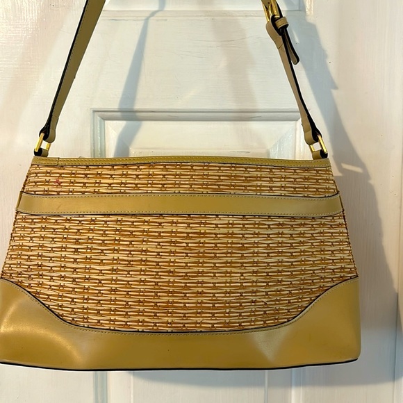 NWOT Etienne Aigner Brown Leather and Wicker Two Side Pockets Zippered Handbag - Picture 9 of 13